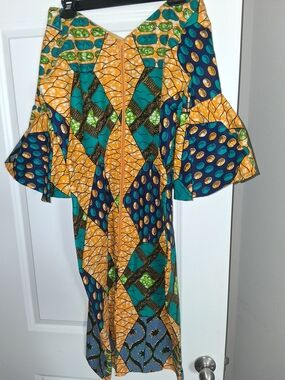 Colorful African Print Bell Sleeve Midi Dress